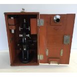 A vintage Tiyoda Tokyo laboratory microscope in wooden carrying/storage case. Includes 5 objective