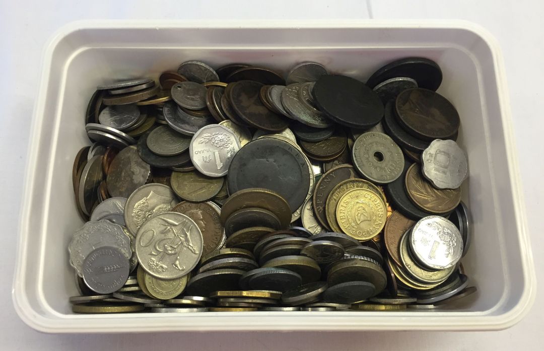 Box of world coins.