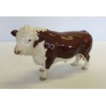 A large Beswick Hereford Bull with a ring in his nose in brown & white gloss finish.