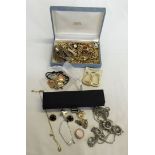 A blue box containing good quality costume jewellery including Monet plus a small black jewellery