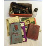 A box of assorted small items to include corkscrews, Salters No.2 spring balance scales, vintage