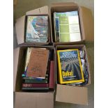 2 boxes of Geography books together with a box of National Geographic magazines and a box of '