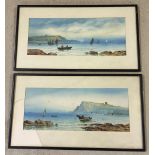 A pair of A.V. Hope watercolours of fishing boats 18 x 43cm framed & glazed. One glass broken.