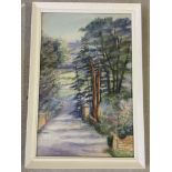 A framed and glazed watercolour of a tree lined path. Signed G. Johnson. 41 x 60cm.