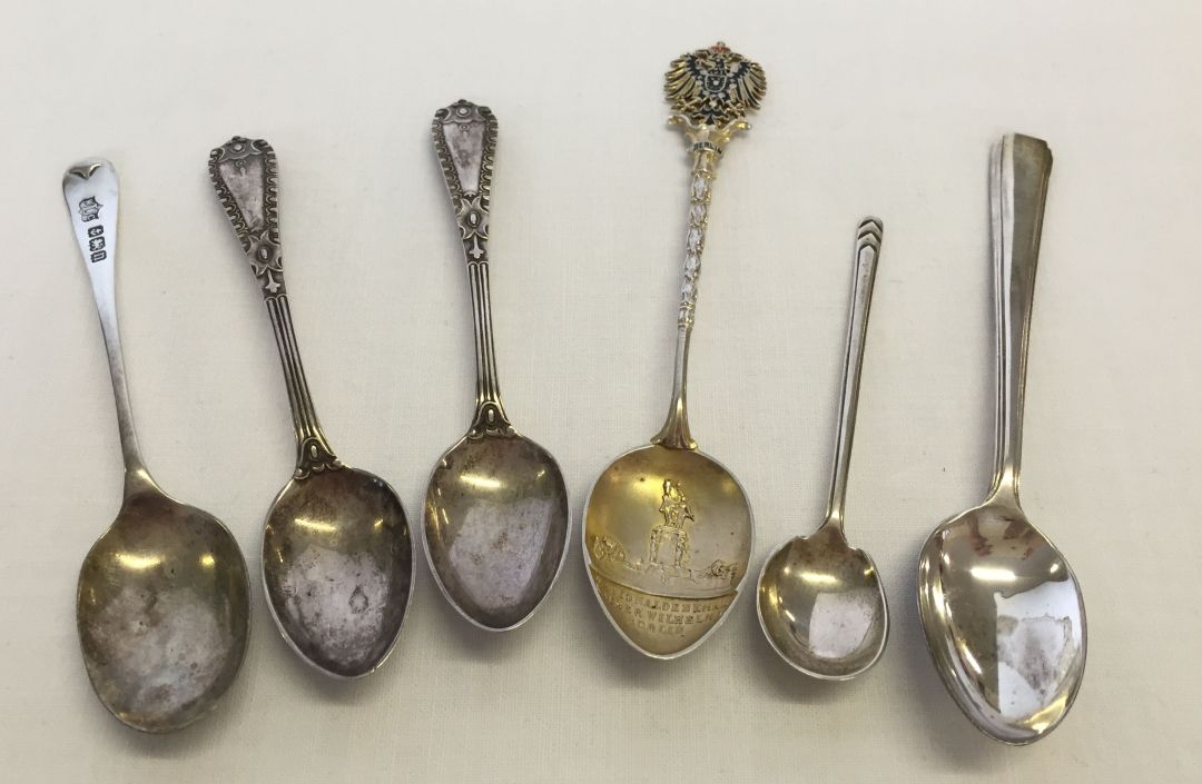 A mixed selection of 6 silver tea and coffee spoons. Various ages and designs to include a