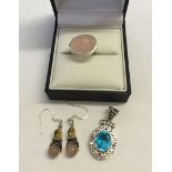 3 items of 925 silver jewellery comprising a pendant with a blue coloured stone, a pair of citrine