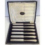 Set of 6 silver butter knives in original box. Handles HM Sheffield 1918. Some blades are slightly