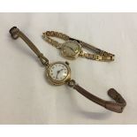 2 9ct gold cased ladies wristwatches. One on a leather strap a/f and the other Rotary with a