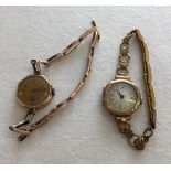 2 vintage 9ct gold cased ladies wrist watches, one with gold on silver strap.