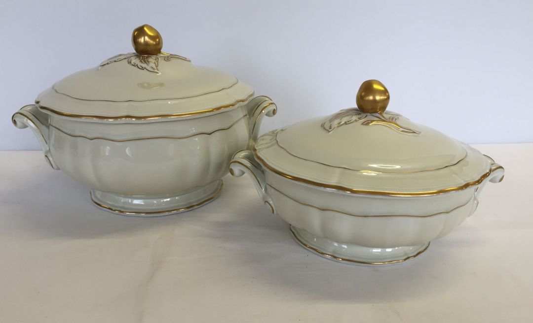 2 lidded tureens by B & Co Limoges, France, in beige & gold colours. Marked L. Bernardaud & Cie '