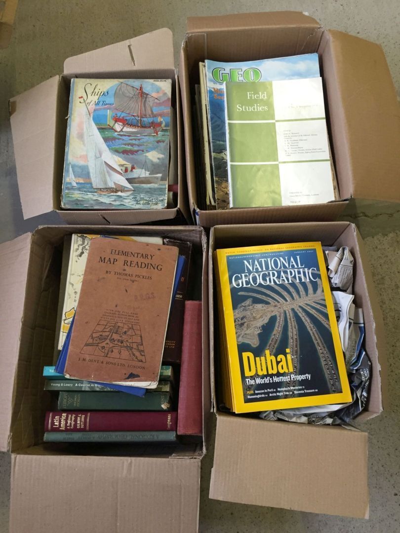 2 boxes of Geography books together with a box of National Geographic magazines and a box of '