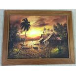 A framed oil on canvas of a south Pacific scene. 73 x 58cm.
