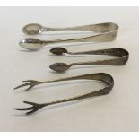 3 pairs of HM silver sugar tongs, one pair with claw feet. Total weight approx 48.3g.