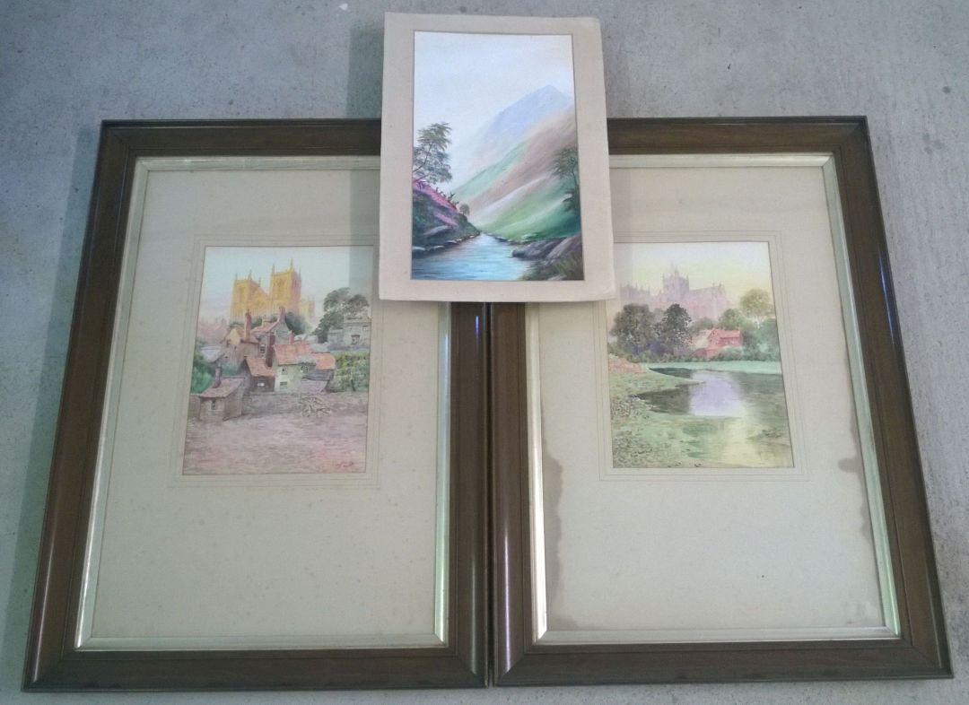 3 watercolours comprising:- 2 cathedral scenes, both indistinctly signed and dated '29. 35 x 25 (