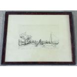 A framed & glazed engraving print of a river and bridge scene. Signed in pencil 'Rienhardt 1645'. 14