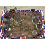 A box of assorted glassware to include: decanters, vases & bottles.