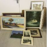 A collection of 10 framed and glazed pictures to include prints and oils.