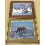 2 framed and glazed photographs. Ducks taking flight and brown bear catching salmon. Frame size 65 x
