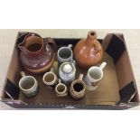 A box of stoneware to include a Doulton Lambeth jug a/f and some steins.