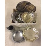 A box of mixed silver plate and pewter items to include serving trays