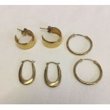 3 pairs of 9ct gold hoop design earrings. Total weight 3.4g.