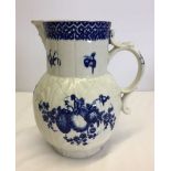 Caughley blue and white Satyr head cabbage lead jug. c1775-90, 18cm tall.