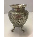 3 legged asian silver vase with ball and claw feet. 140mm high, 95mm diameter, weight approx 293g.