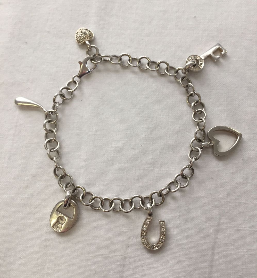 Charm bracelet with 6 charms. Bracelet stamped 925. Total weight approx 14.3g.