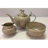 3 Indian silver items with matching engravings. 1) Vase with an upright Cobra handle. 80mm high,