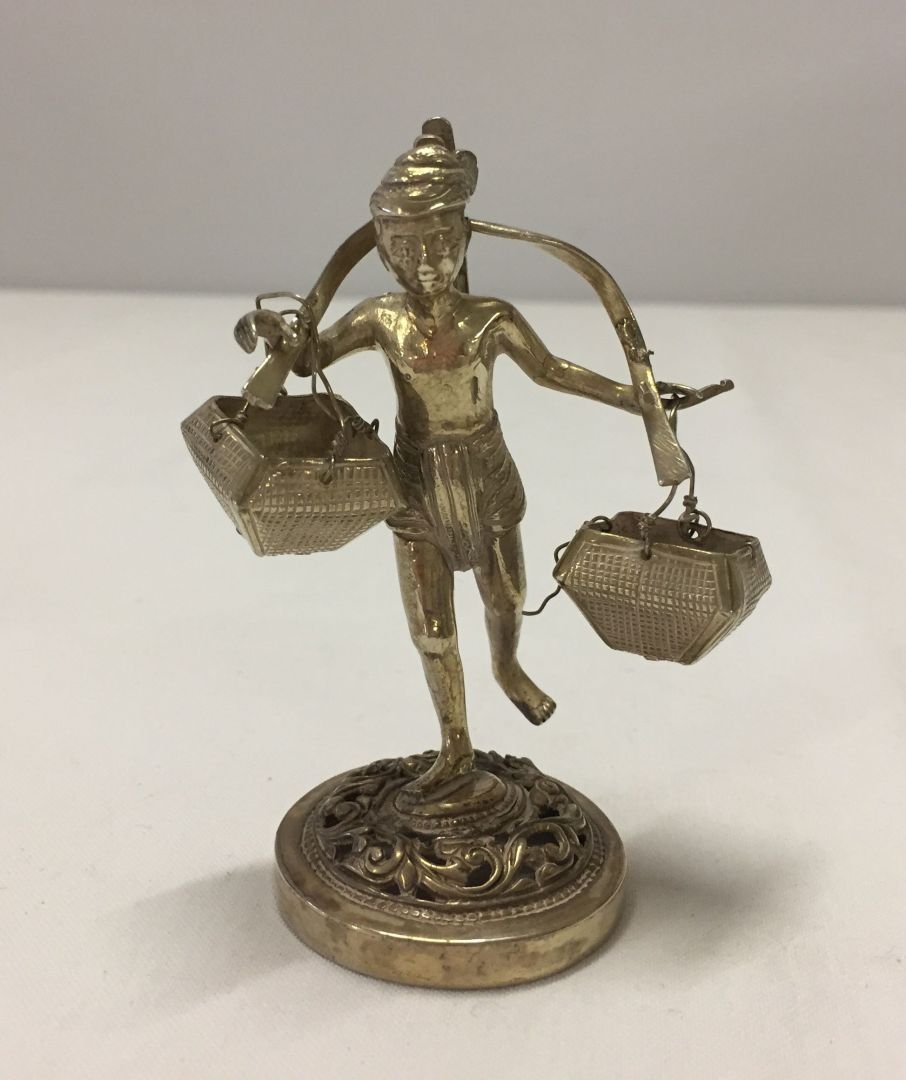 A white metal oriental fisherman place card/menu holder with two fishing baskets. Weight approx