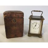 Antique French brass carriage clock in original case with key. Dial marked Bond & Kedge, Putney (