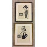 2 framed & glazed pen & ink caricatures of Gracie Fields and Robert Hudson c1930s unsigned. Each