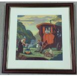A framed and glazed 1930s lithographic print depicting a gypsy caravan and camp fire. Approx 29 x