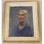 Oil on board of an old lady dressed in blue. Signed Banbury '69. 48 x 38cm framed.