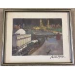 A signed print of a river scene from the Thames depicting the Royal Festival Hall in the foreground