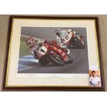 A signed print "The one and only" by Ray Goldsbrough of Carl Fogarty riding to victory as World