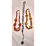 2 natural stone necklaces - Agate and Tigers Eye, Agate and Cornelian together, with a French Jet/