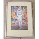 A framed & glazed print of a pastel depicting a Pierrot Clown.