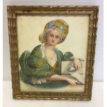 Miniature watercolour c19th century unsigned of a lady holding sheet music. 10 x 9cm.