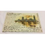 A Victorian postcard depicting the Houses of Parliament & Westminister Bridge with orange 1/2p stamp