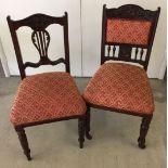 2 Victorian dark oak bedroom chairs with turned legs and carved details to back. Both upholstered