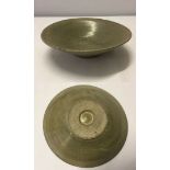 Chinese Song dynasty (960-1279) Yue ware type shallow bowl, greenish/grey celadon glaze. 15cm