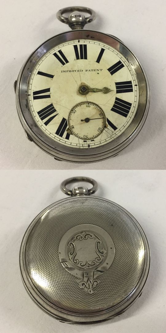 Heavy antique silver mens pocket watch in need of restoration. Case with engine turned decoration