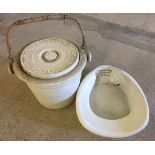 A white ceramic 'Perfection' bed pan together with a ceramic lidded commode bucket.