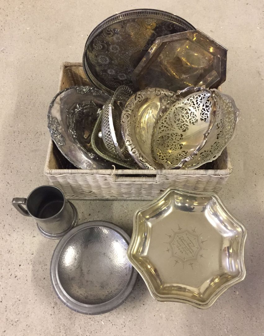 A box of mixed silver plate and pewter items to include serving trays