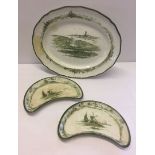3 pieces of Royal Doulton Norfolk design ceramics in green pattern. A large meat plate and 2 arc