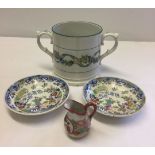 2 Hilditch saucers, a small Kutani jug (7cm tall) and a Staffordshire loving cup.