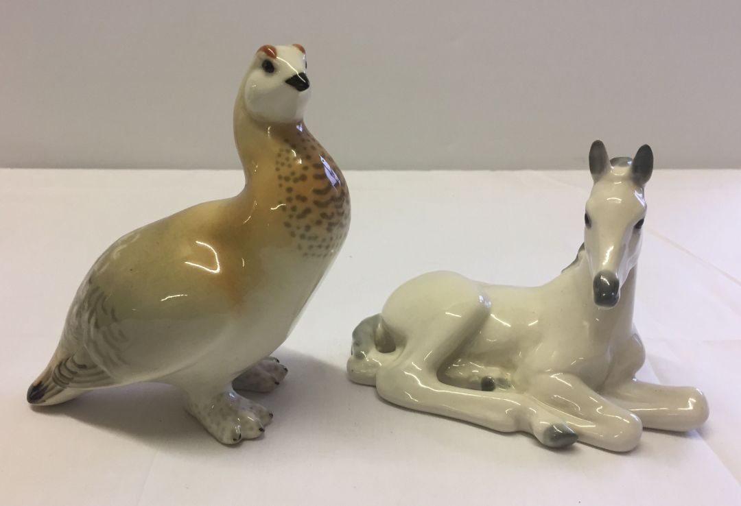 2 Lomonosov/USSR ceramic animal figurines in the shape of a foal and a partridge.