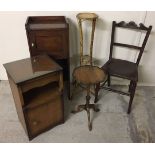 A small collection of dark wood furniture to include bedside cabinet, oak tripod wine table and