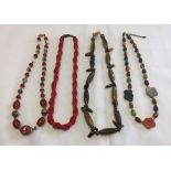 4 costume jewellery bead necklaces to include: venetian glass beads, polished tigers eye beads and